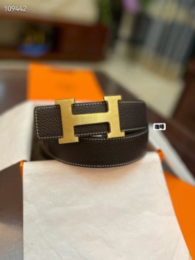 Buy Replica - Hermes  Black Leather Belt  with Gold 'H' buckle Palladium Buckle 3.8cm